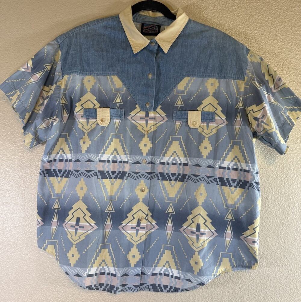 VTG Panhandle Slim Ranch And Town XL Aztec Button Up Shirt Yellow Blue